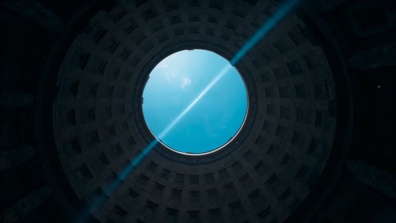 Tilting camera revealing circular oculus and coffered dome inside monument, to show diagonal beam