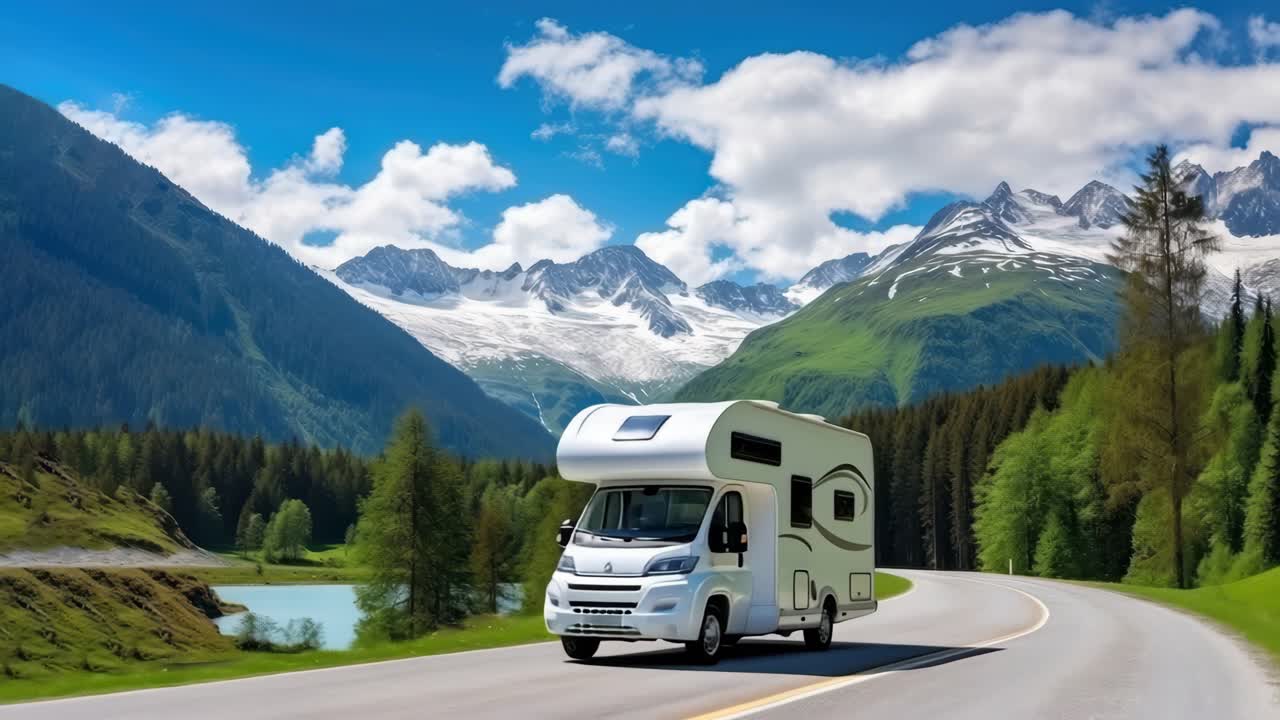 A scenic video still of a camper van on a winding road, captured from a low angle, set