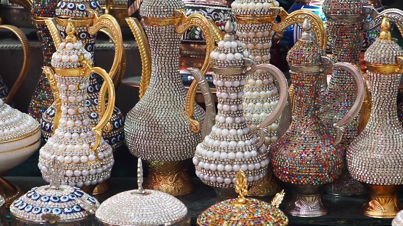 Ornate Traditional Arabic Coffee Pots Decorated with Crystals and Pearls