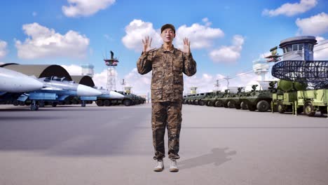 full body of asian man soldier smiling and saying wow while standing at military camp