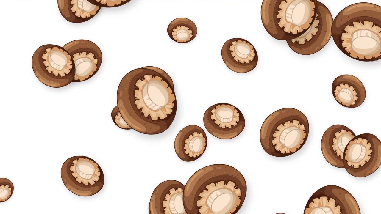Stylized brown button mushrooms fall vertically against a clean white background in a seamless loop.