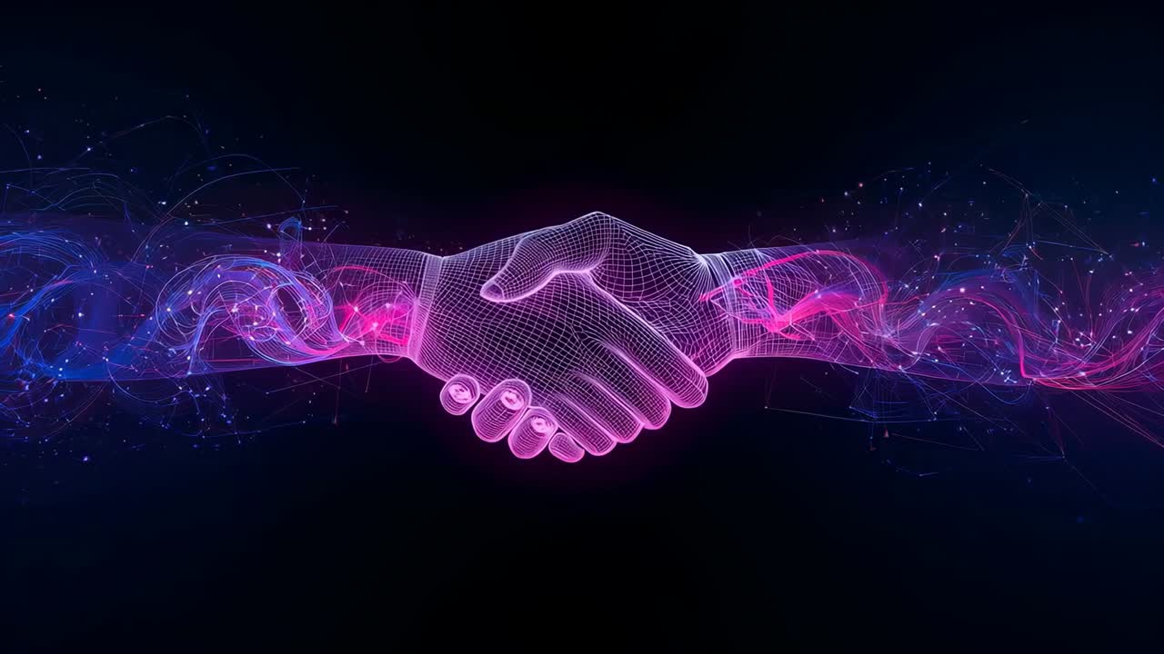 Due mani wireframe che si toccano con bagliore iniziale, che alimentano il nucleo in un palco digitale scuro con nastri neon