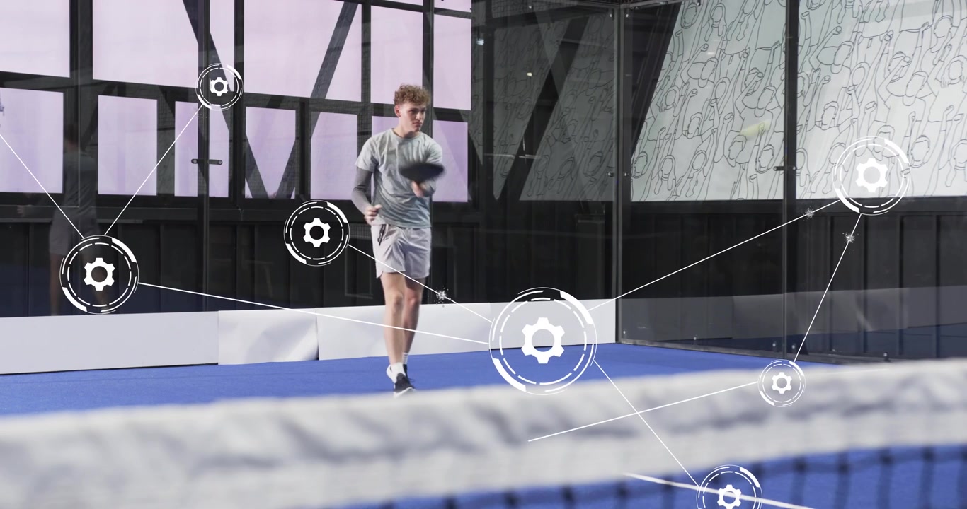 Tennis player scanning court and tossing ball, activating gear-shaped overlays for swing analytics