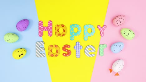 happy easter stop motion with moving eggs and title. stop motion