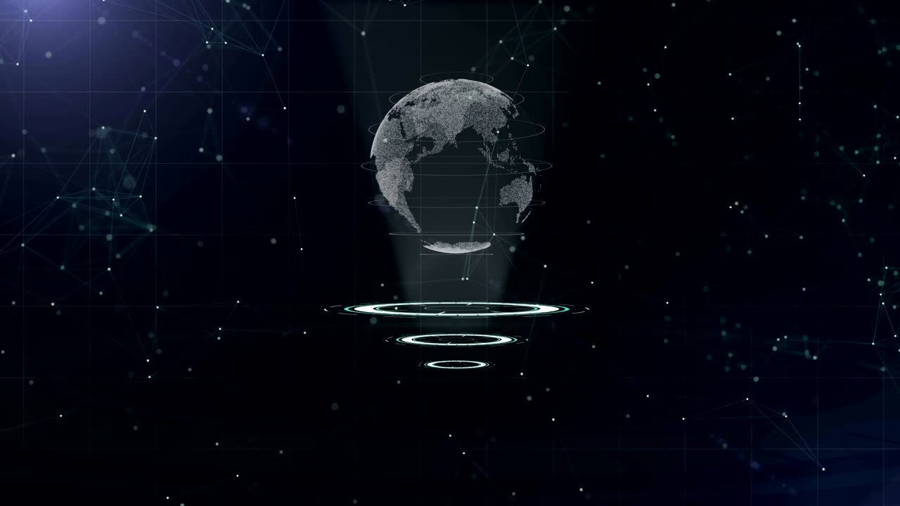 디지털 데이터 글로브 - 과학 기술의 추상적인 일러스트레이션. 데이터 네트워크. 지구를 둘러싼 세 개의 루프 서클. 3d. 클로즈업. 복사 공간. 확대. 애니메이션. 액션. 4k.
