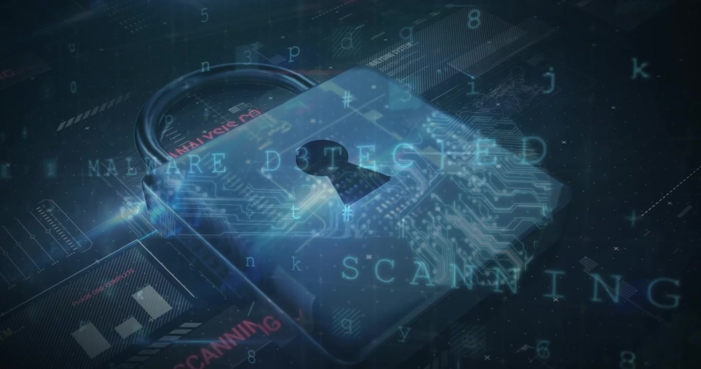 Animation of data processing, online security padlock and circuit board