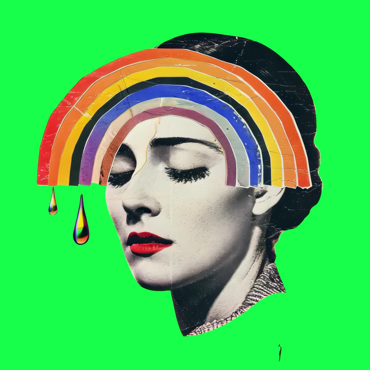 Vibrant surrealistic portrait animation, transparent 4K video, green screen