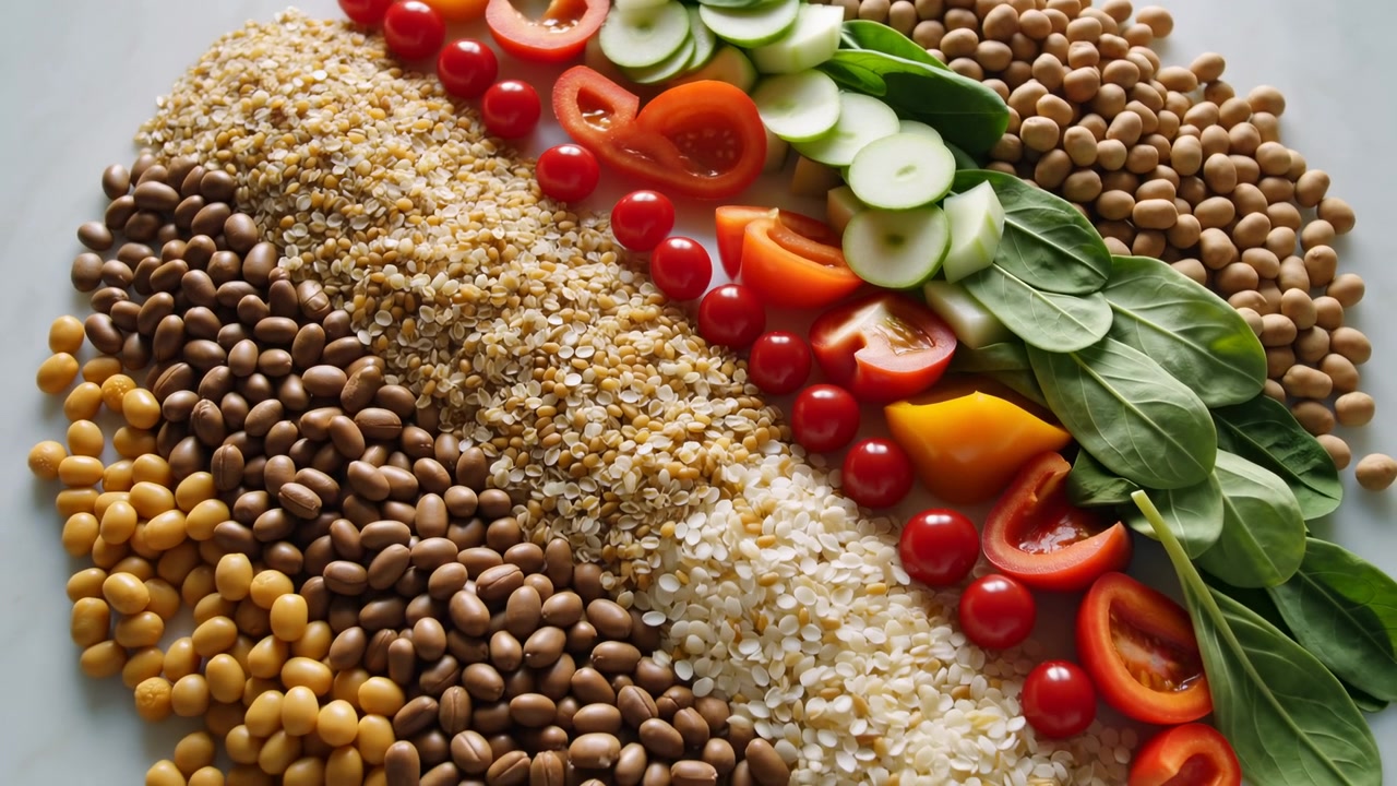 Vibrant Rows Of Legumes And Vegetables In Flat Lay, Chickpeas, Lentils And Oats Paired With Cherry Tomatoes,