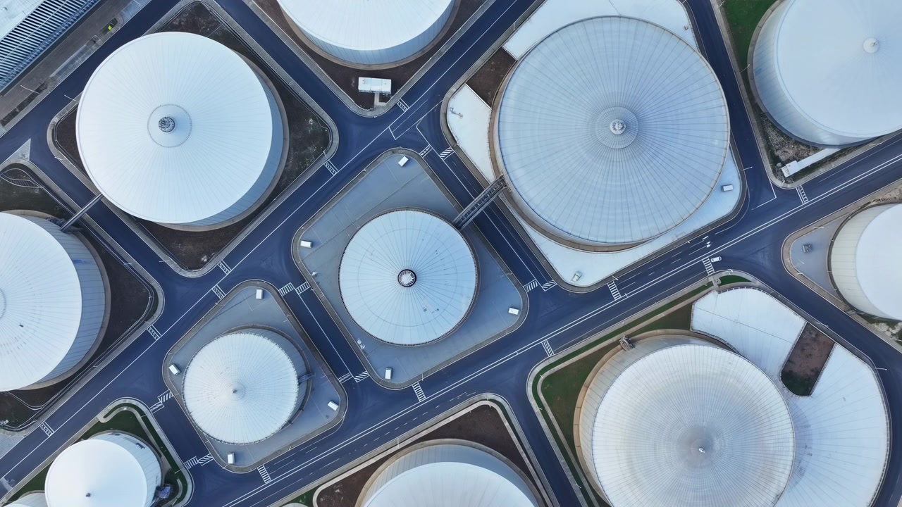 Aerial Drone View Storage Tanks Complex Topdown K Footage Showing Circular Dome Tanks Arranged In Grid