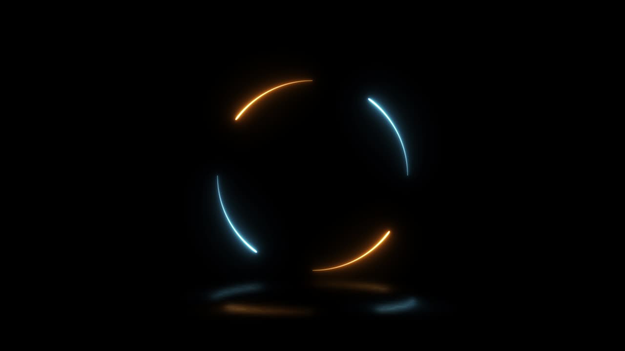 검은색 배경에 반사되는 밝은 파란색과 오렌지색 네온 조명과 함께 둥근 모양의 원활한 루프 추상 표지 모션 그래픽 디자인