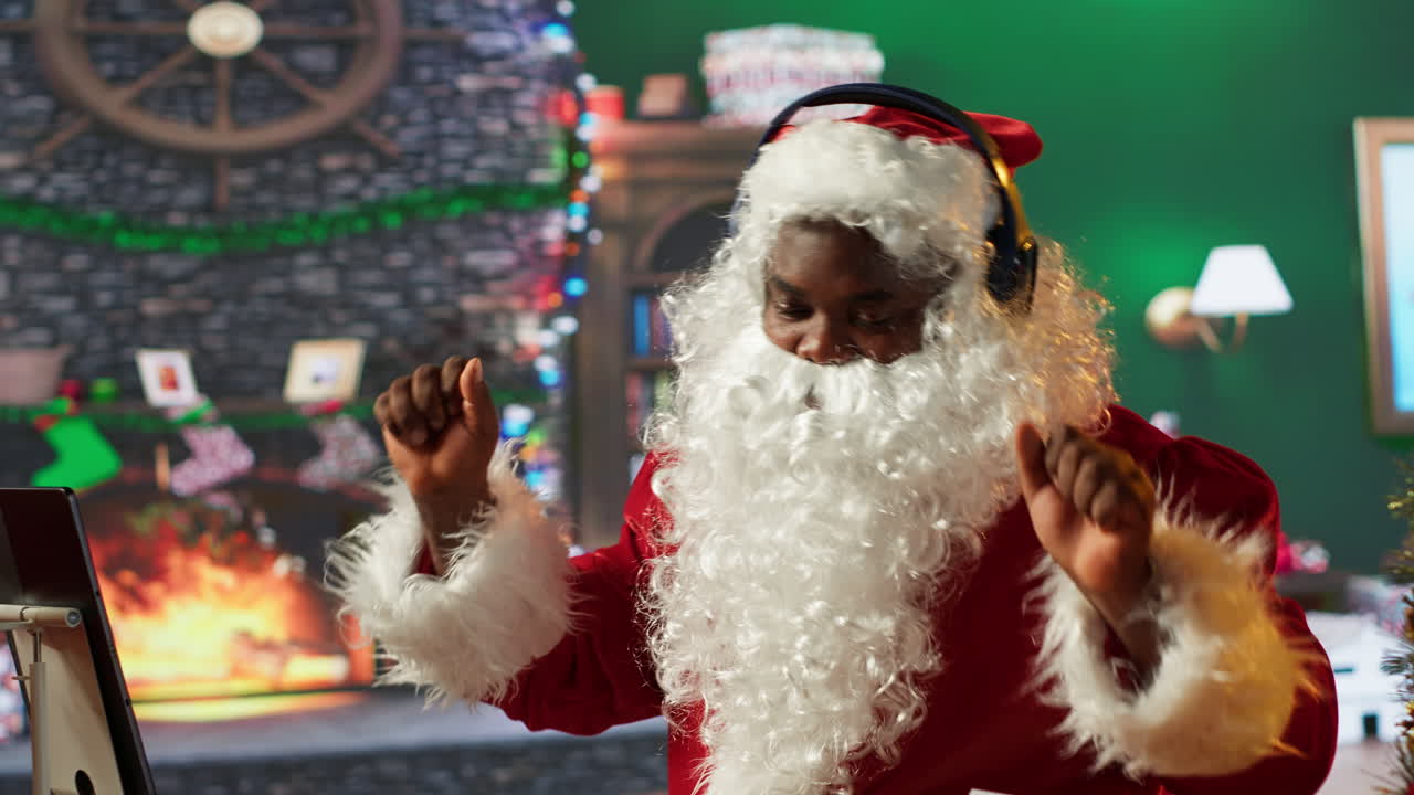 African American Santa Claus Listening to Music by the Fireplace