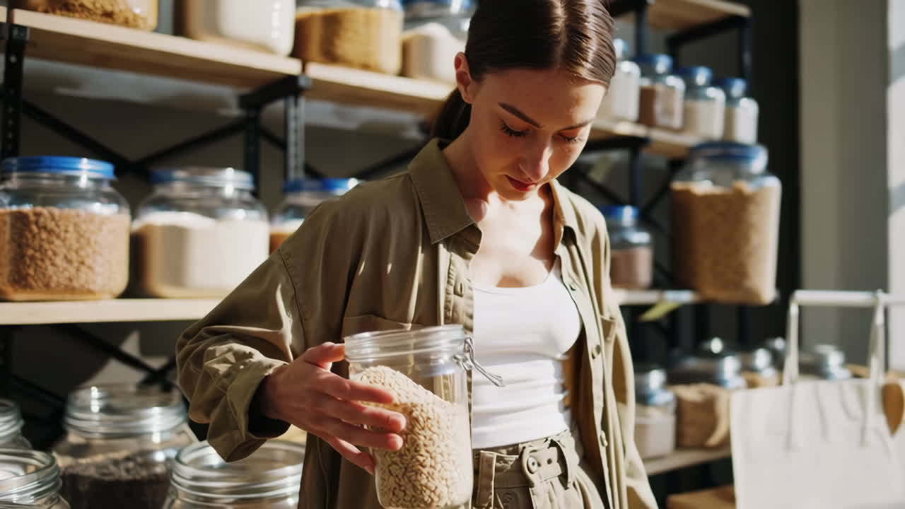 Woman shopping for bulk food in a zero-waste store