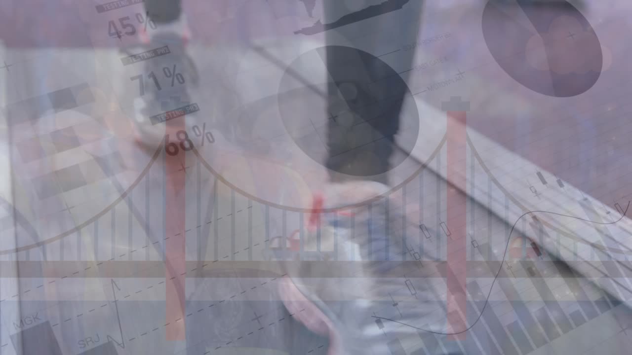 Animation of financial data processing and bridge over man walking on treadmill