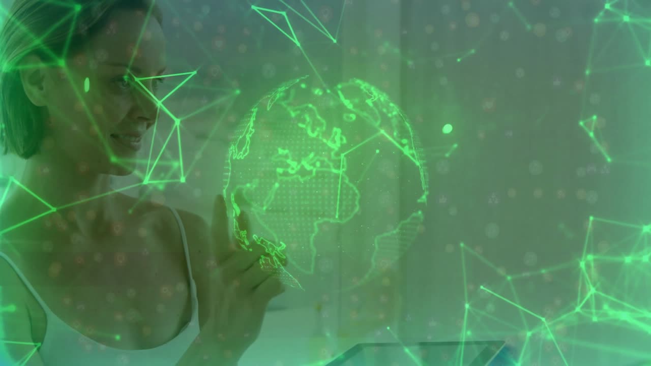 Middle-aged woman touching green holographic globe at tech workspace, displaying network nodes