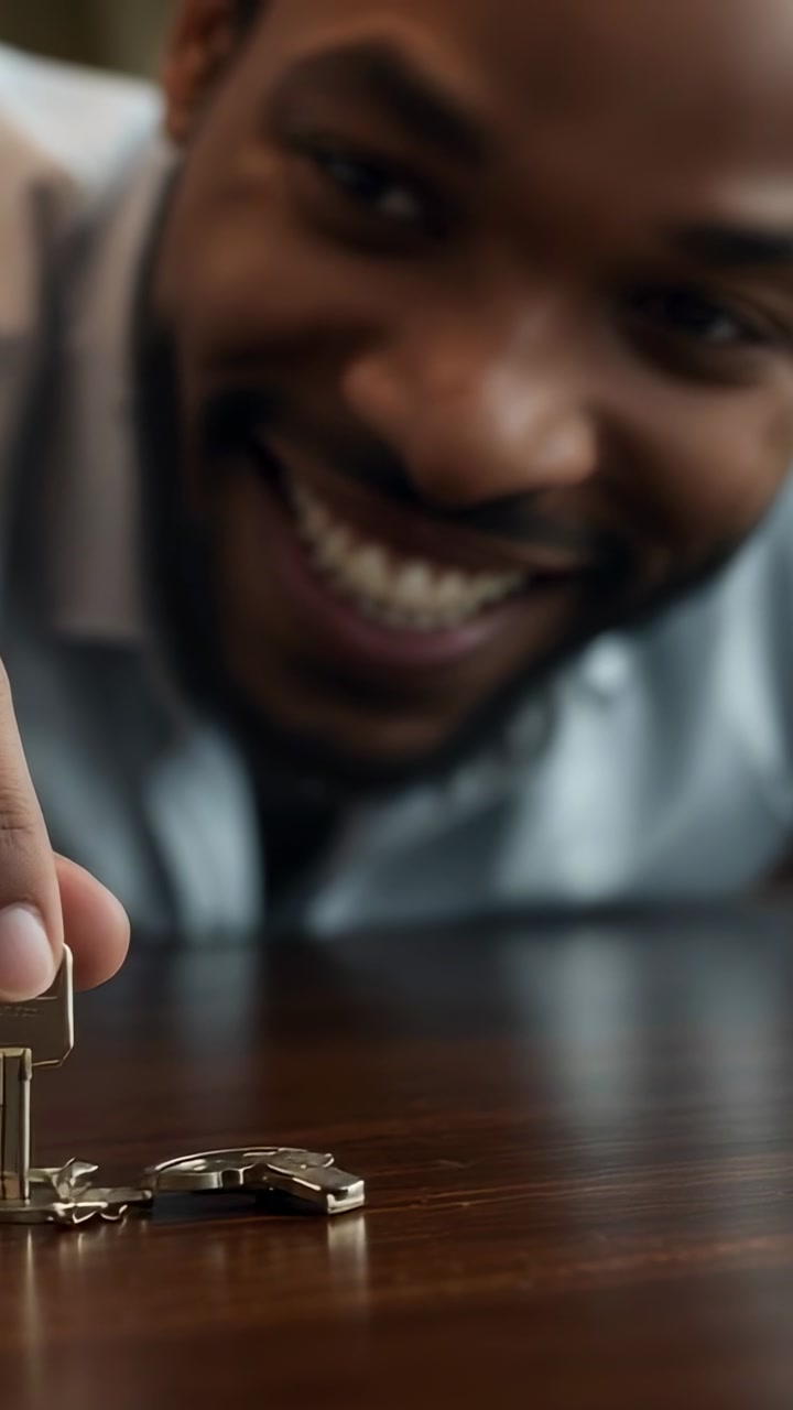 Vertical video: Lifting metal key, man in blue shirt leaning over wood table, presenting keyring