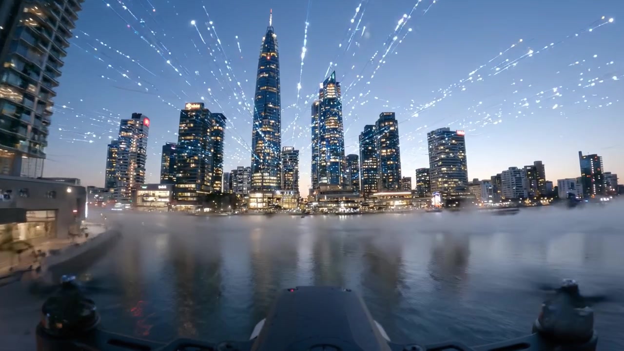 Paisagem Urbana Dramática Capturada ao Crepúsculo, Exibindo uma Paisagem Urbana Vibrante com Rastros de Luz Dinâmicos e Reflexos na Água em Meio à Arquitetura Moderna.