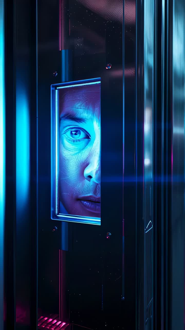 Vertical video: Shifting neon lights bathing man peering through metal viewport, checking room