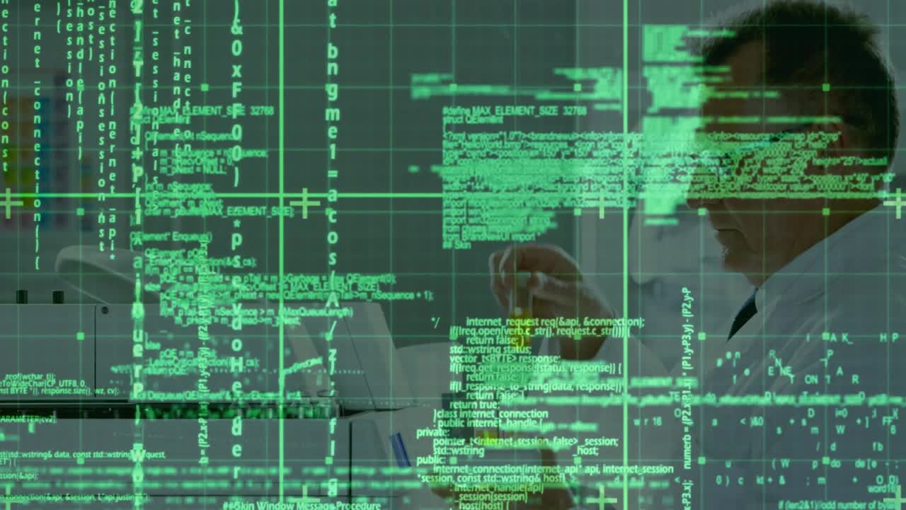 Senior scientist in lab grabbing yellow vial and pipetting for test green grid shifting over hands