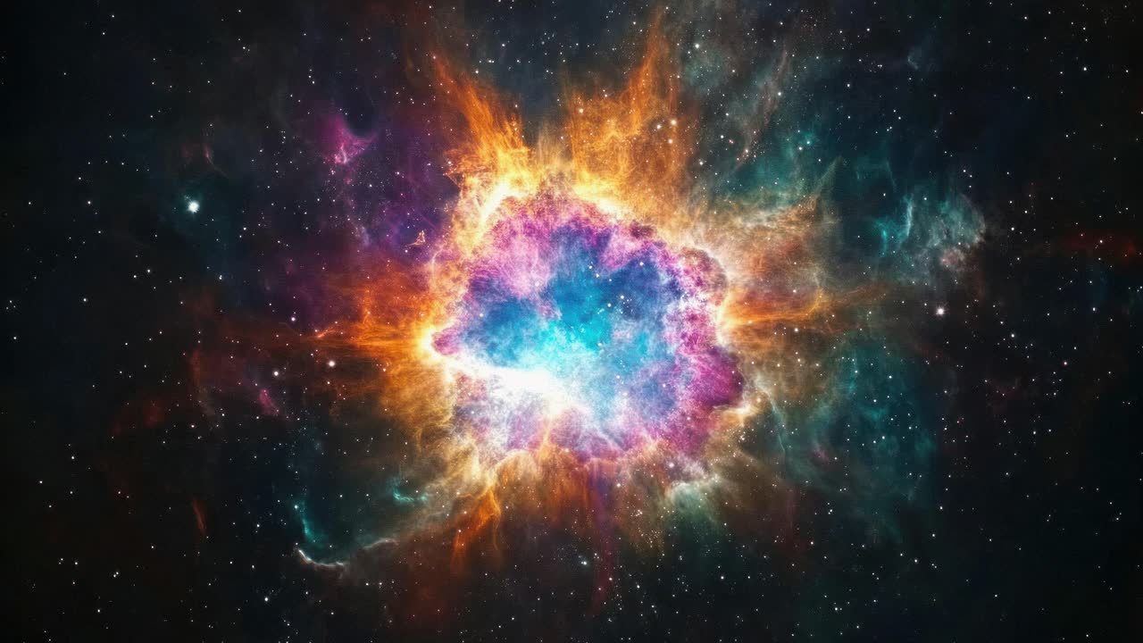 A cosmic explosion of vibrant colors and swirling patterns, captured from a dynamic, low-angle