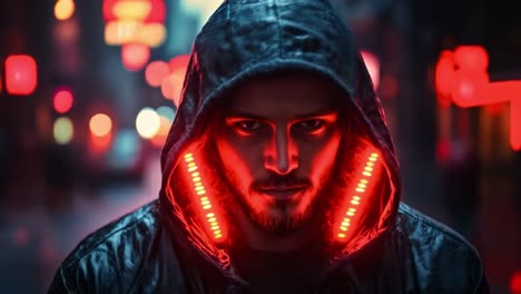 hooded man in a cyberpunk city at night