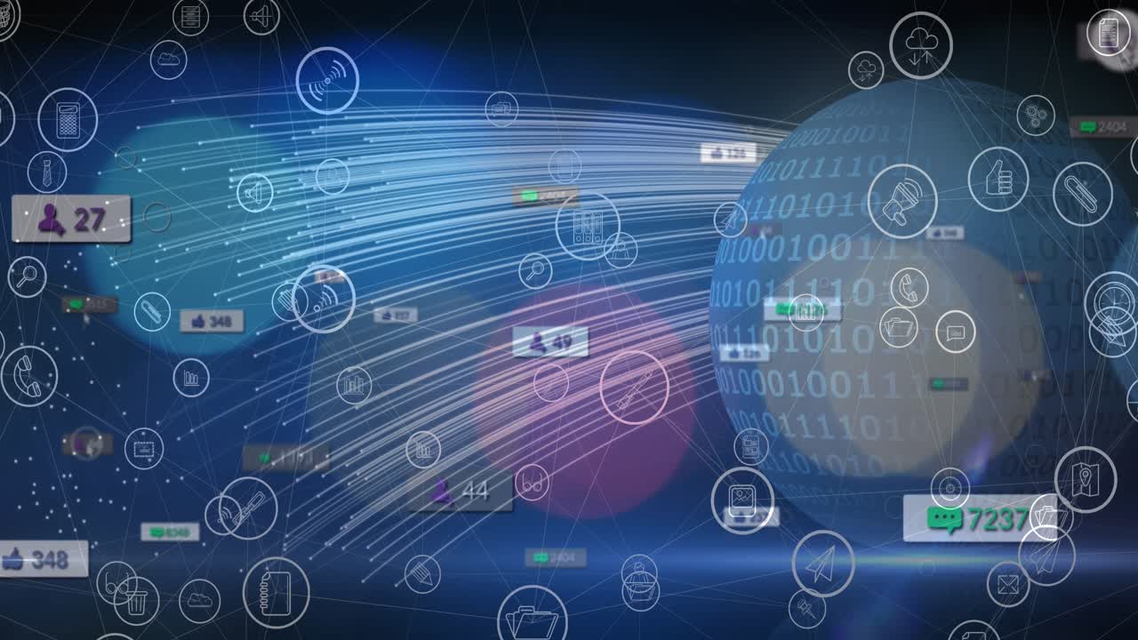 Animation of digital clouds globe spinning and network of connections over blurred background