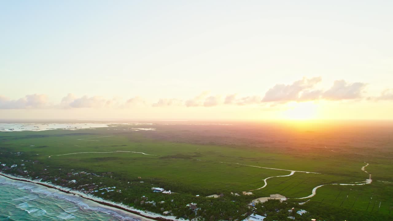 HDR Aerial Drone Footage Of Beautiful Lovely Sunset Near Caribbean Beach In Tulum Mexico.
