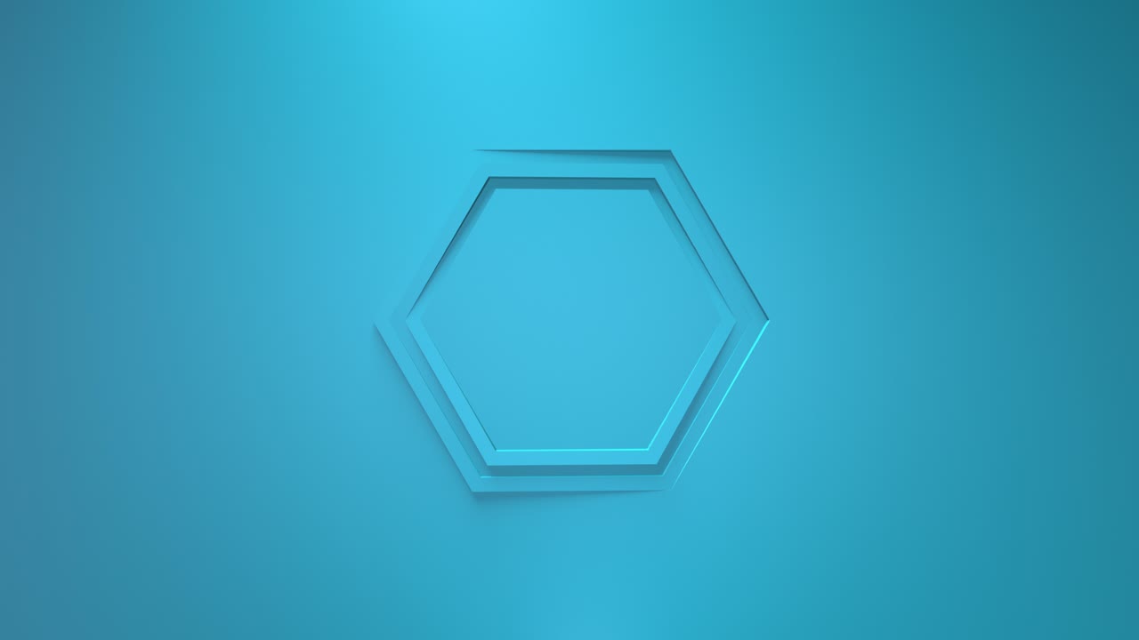 파란색 비즈니스 애니메이션, 육각형 프레임의 회전, 3d 렌더링, 창, 루프, 미니멀리즘 솔리드 컬러