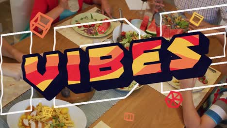 Animation-Von-Vibes-Text-über-Eine-Kaukasische-Familie-Beim-Abendessen