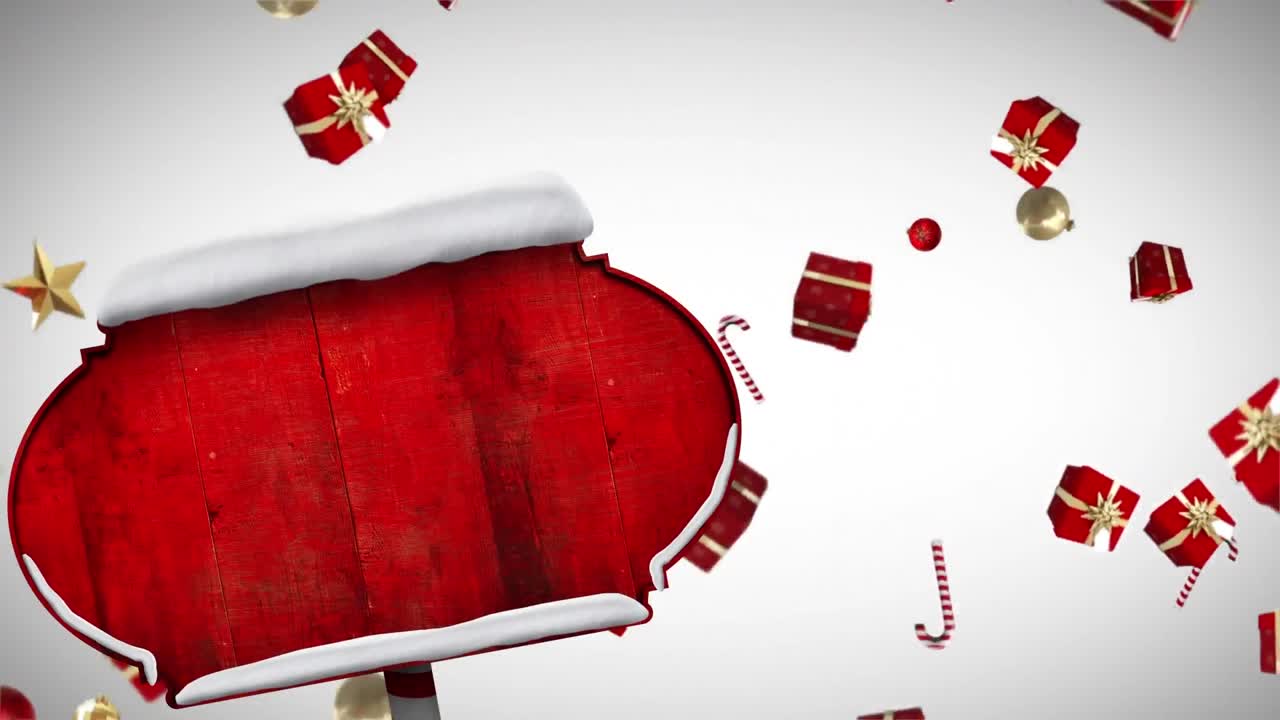 cartel rojo sobre varios bastones de caramelo, joyas e iconos de regalos cayendo contra un fondo gris