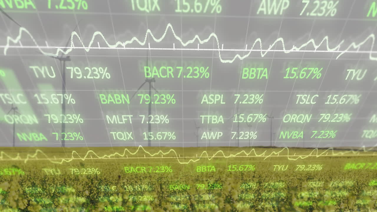 Stock market animation with data and graphs overlaying field of crops with turbines
