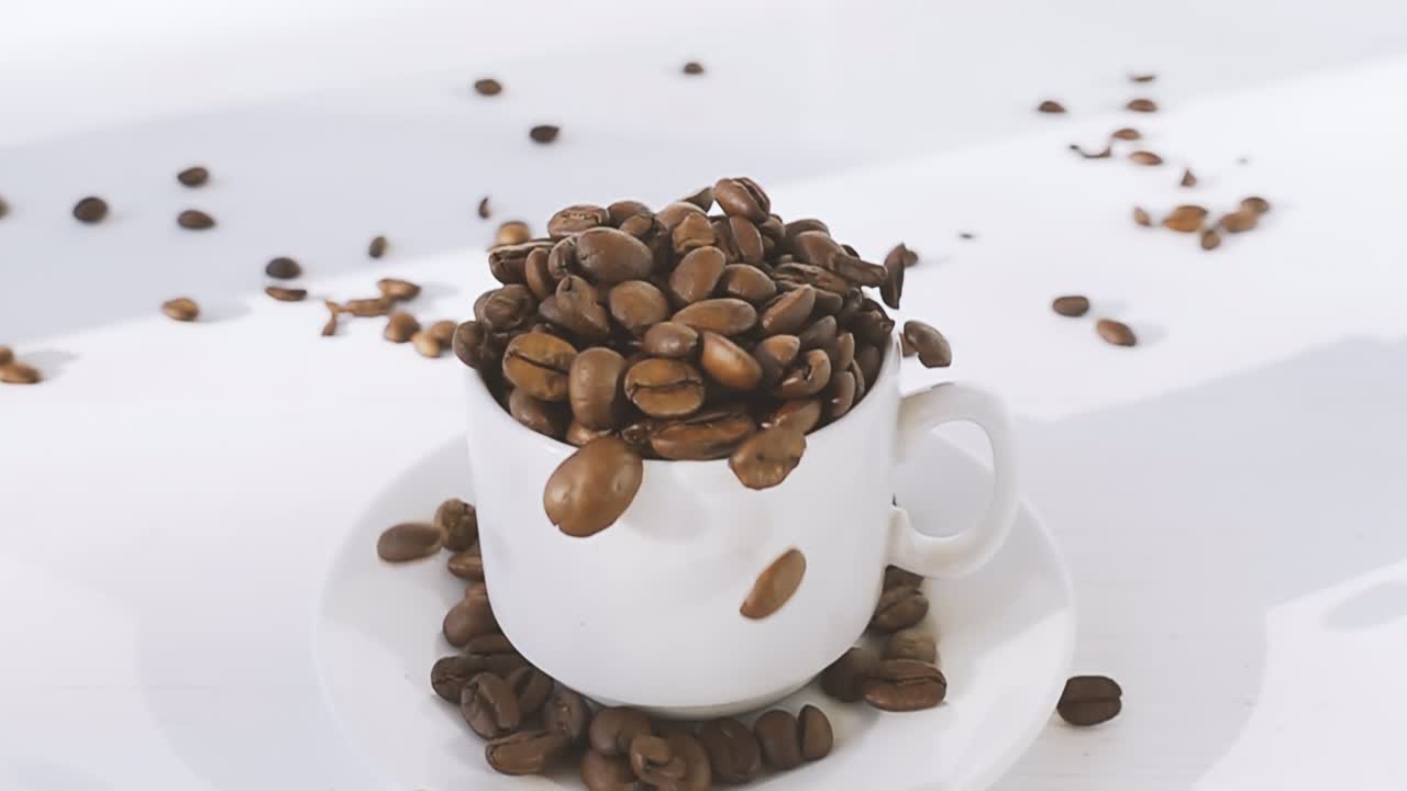 커피 콩은 나무  테이블에  컵에 떨어집니다. 커피 으로 가득 찬 컵. 스피드 램프 효과와 함께 4k 원시 비디오. 고속 영화 카메라에서 촬영, 1000fps.