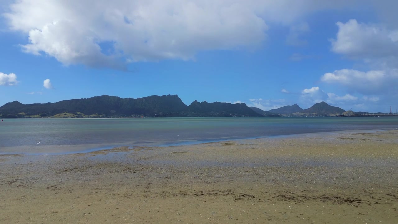 Pláž One Tree Point za odlivu, Whangarei Heads, Nový Zéland. Záběr dronu nad pískem, 4K 30FPS.