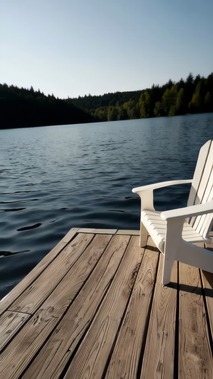 Fredfyldt sølandskab med træbro og Adirondack-stol