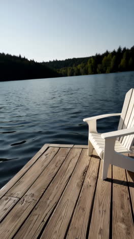 peaceful lakeside scenery with wooden dock and adirondack chair