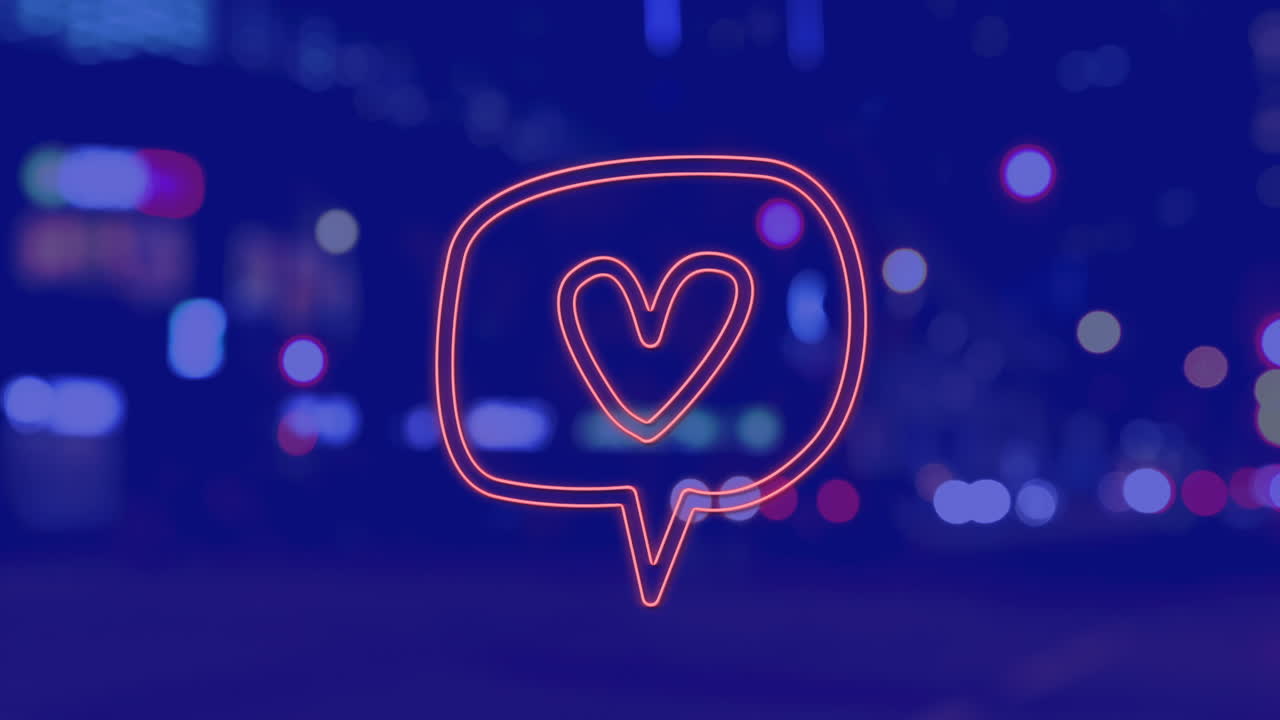 파란색 배경에 밤에 도시 풍경 위에 심장 아이콘의 애니메이션