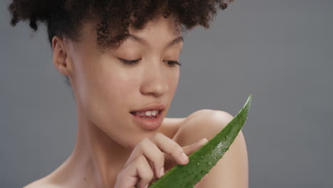 Primer-Plano-Retrato-Hermosa-Mujer-Joven-Sosteniendo-Aloe-Vera-Disfrutando-De-Esencia-De-Cuidado-De-La-Piel-Natural-Fresca-Mujer-Juguetona-Sonriendo-Sobre-Fondo-Gris-Concepto-De-Cuidado-De-La-Piel