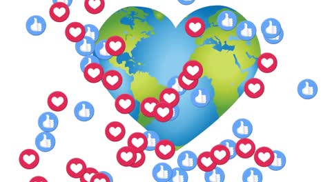 Animation-of-social-media-reactions-floating-over-heart-shaped-globe-on-white-background