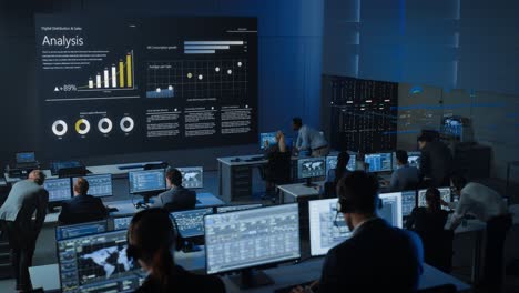 motion shot of professional traders working in a modern monitoring office with live analytics feed on a big digital screen. monitoring room brokers and finance specialists sit in front of computers.