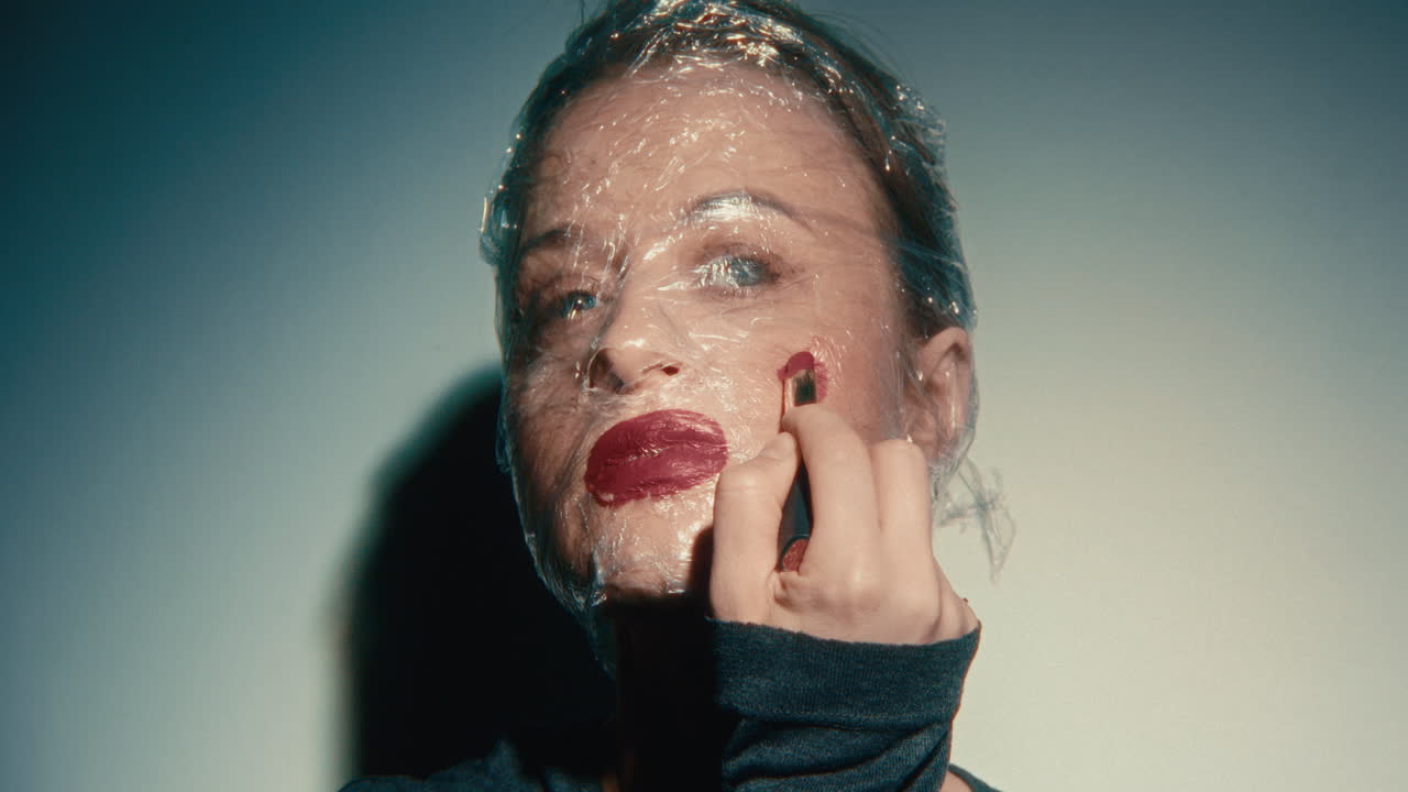 Woman with Plastic Wrap Face Covering