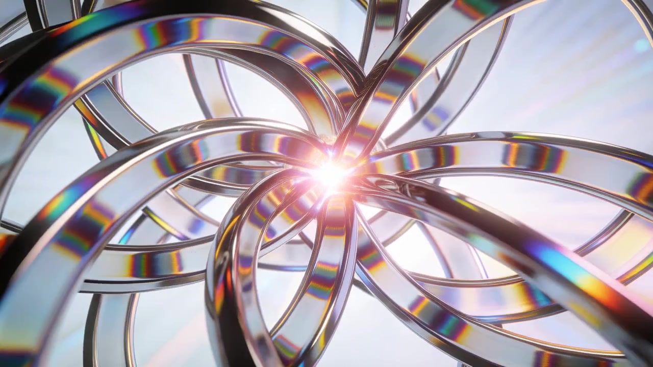 Luce centrale pulsante che aziona anelli metallici rotanti, la telecamera si avvicina in studio mostrando un prisma.