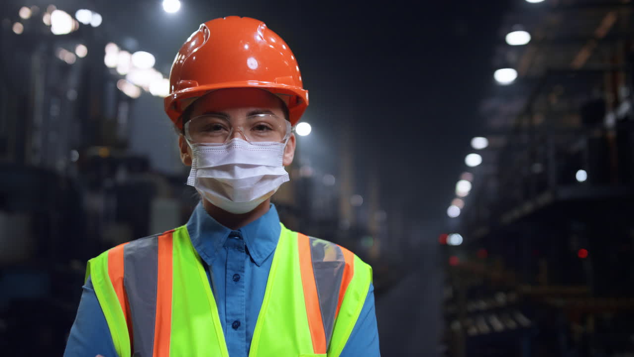 Mechanic wearing safety face mask looking camera at huge warehouse closeup