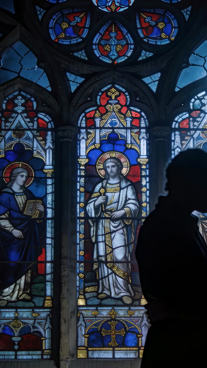 Vertical video: Entering man in coat by stained-glass church checking phone 2nd behind, copy space