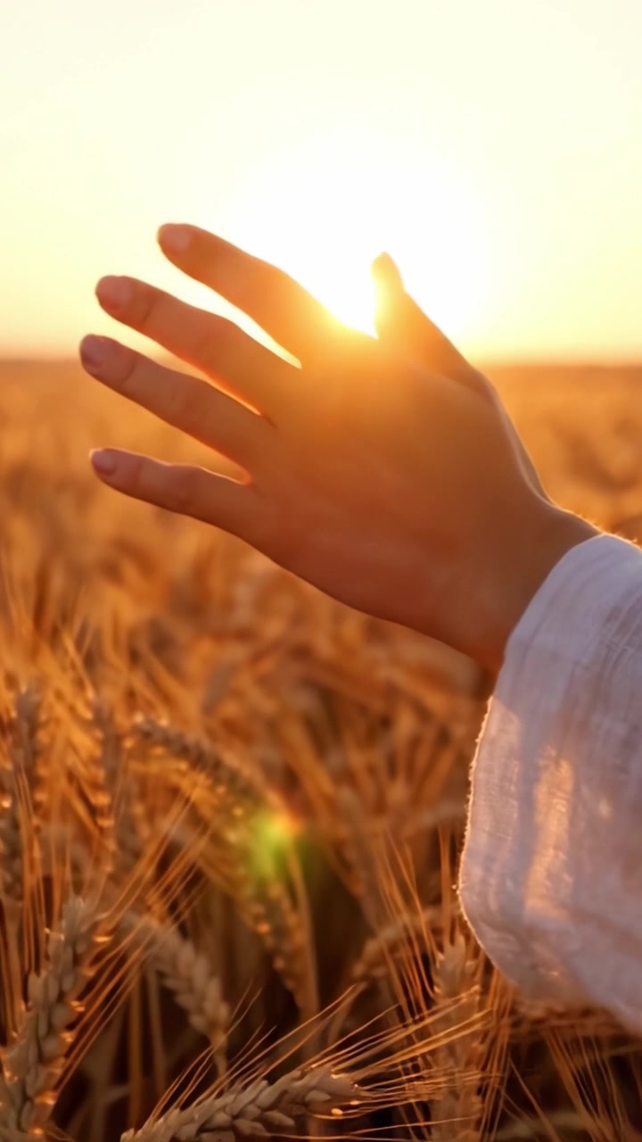 Un tramonto sereno risplende su un campo di grano dorato mentre una mano si muove con grazia tra le spighe dorate, catturando l'essenza della bellezza e della tranquillità della natura.