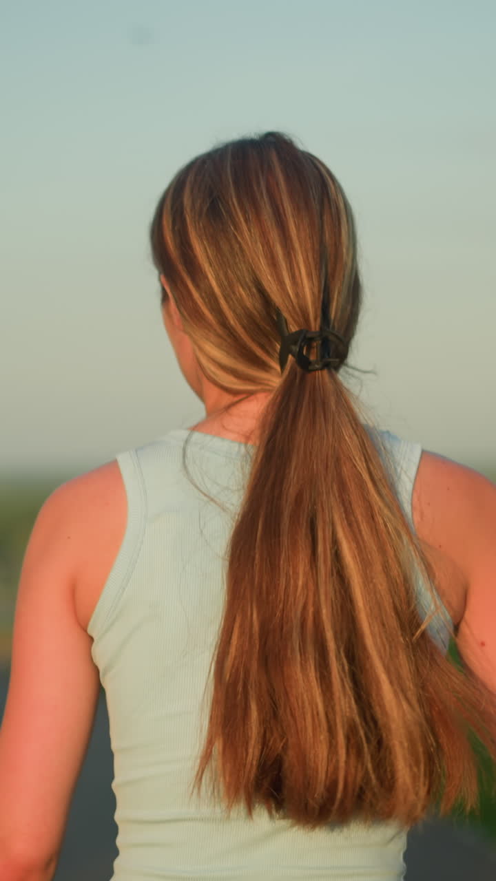 따뜻한 빛 아래, 바닥에 던진 그림자, 뒷면에 흐릿한 도시 풍경과 초록색으로 길을 고 있는 롤러 스케이트를 타는 여자의 뒷면