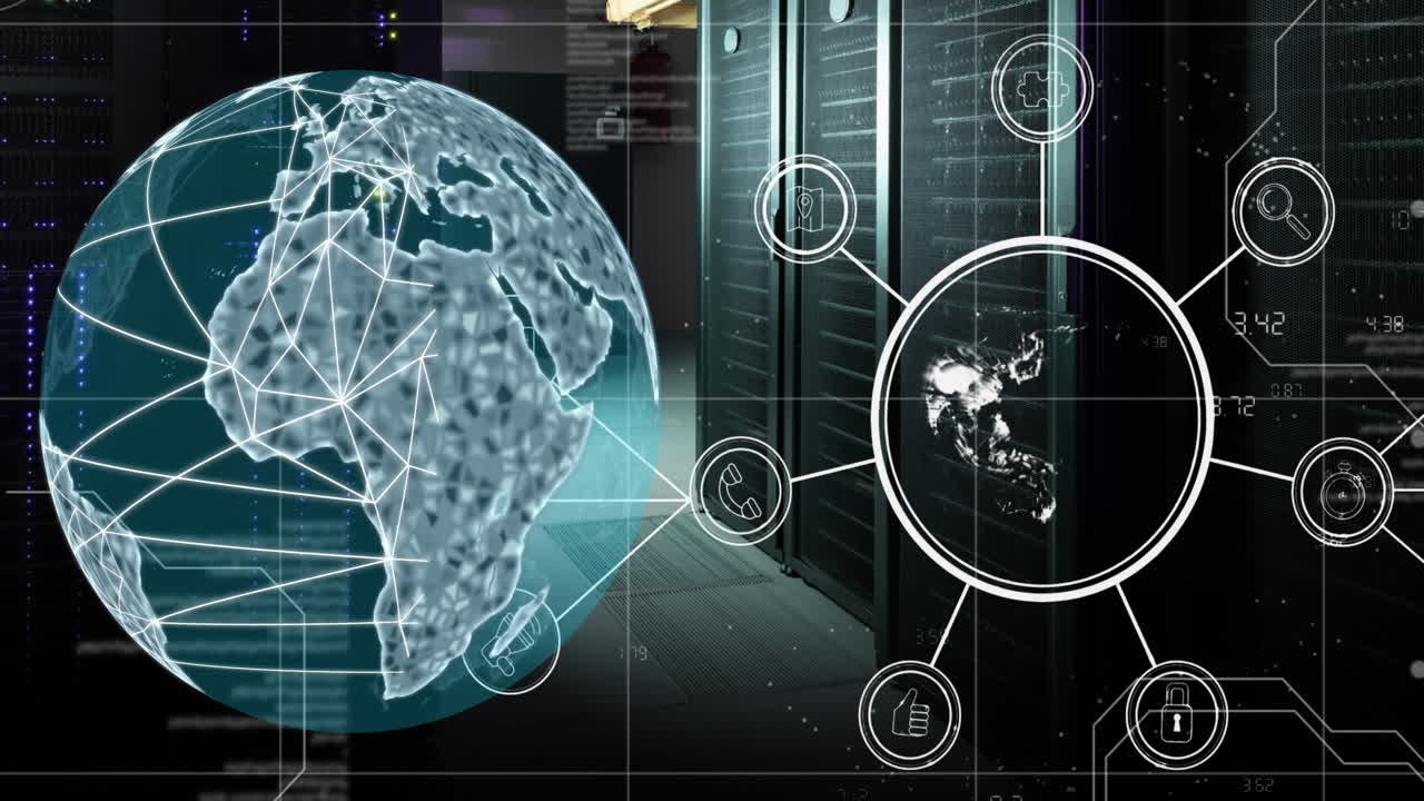 Animation of globe with icons and data processing over computer servers