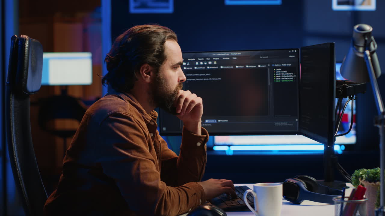 IT specialist sitting at computer desk, working on desktop PC