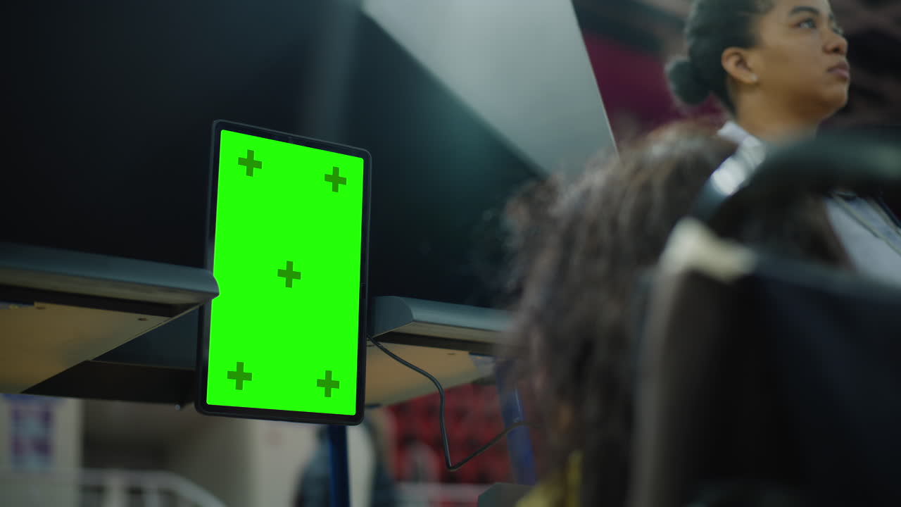 tableta de pantalla verde en una cabina de votación