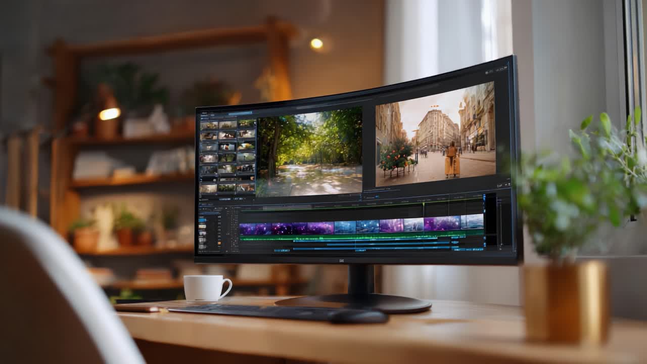 Configurazione avanzata di video editing con monitor curvo che mostra scene vivaci e interfaccia utente, perfetta per professionisti creativi che lavorano da casa
