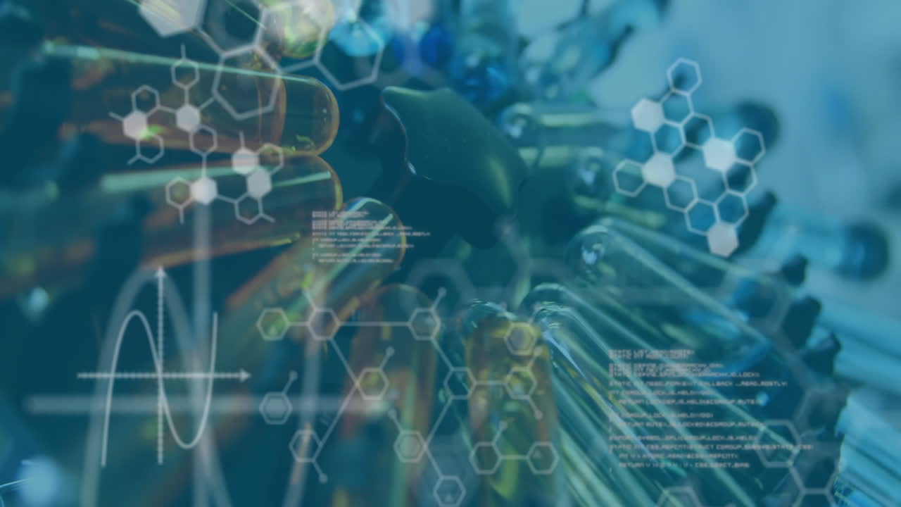 Scientific data and molecular structures animation over laboratory equipment
