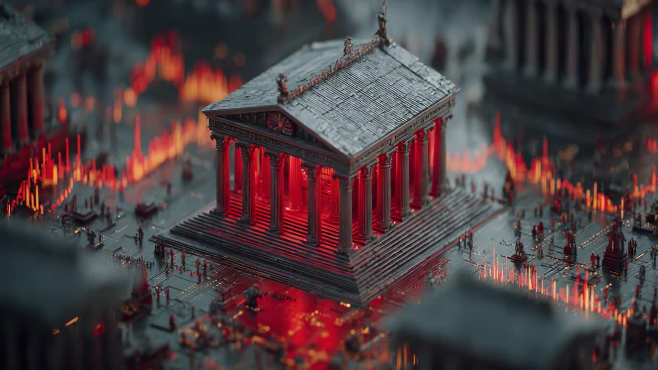 A Stunning Architectural Model of an Ancient Temple Surrounded by Vibrant Digital Elements, Creating a Unique Visual Experience in a Highly Detailed Miniature Setting